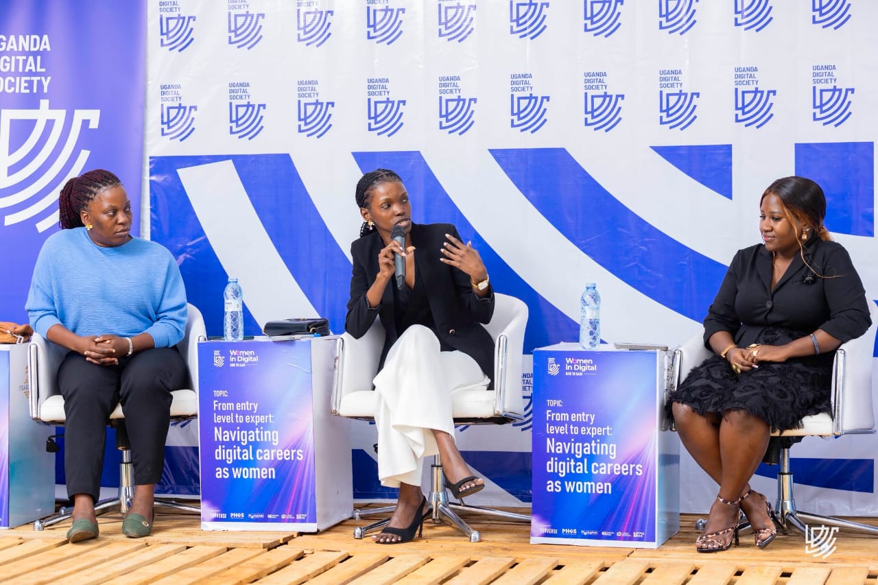 Ms. Sanya Mirembe, Digital Communications Officer at Diamond Trust Bank speaking to Uganda Digital Society members in Kampala.