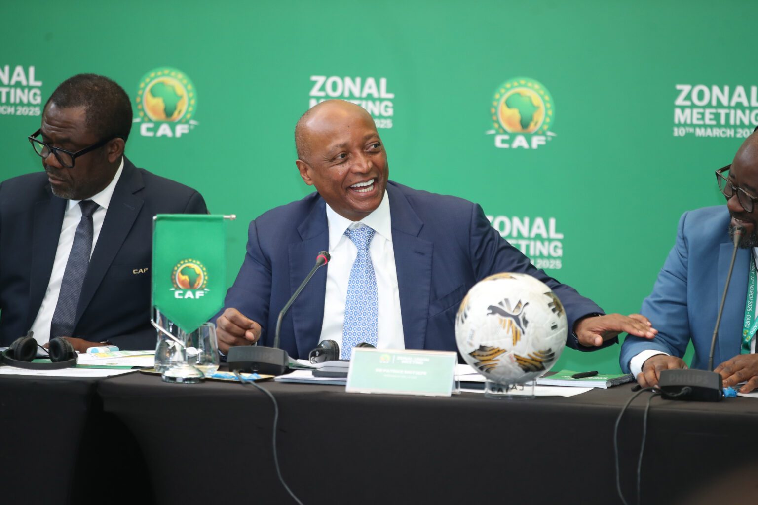 CAF President, Dr. Patrice Motsepe(C) with other CAF Executive Members addressing the media on the readiness of facilities in Uganda, Kenya and Tanzania for the forth coming CAF Tournament.